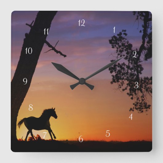Horse Sunset and Oak Tree Quadratische Wanduhr (Vorderseite)
