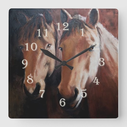 Horse Themed Clock with Two Horses Quadratische Wanduhr (Vorderseite)