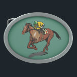 Horse und Jockey Ovale Gürtelschnalle<br><div class="desc">Sportliche Geschenke und Accessoires für Reitfans. Pferd- und Jockeyrennen in gelber Jersey und grüner Kappe Reitpferd Nummer 7. Grüner Hintergrund.</div>