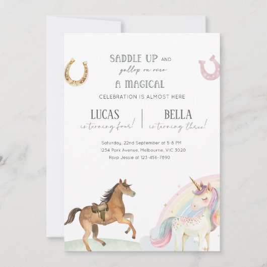 Horse & Unicorn Joint Birthday Party Einladung (Vorderseite)