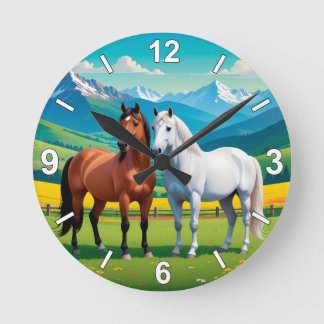 Horse Wall Clock – White and Brown Horses Nature H Runde Wanduhr