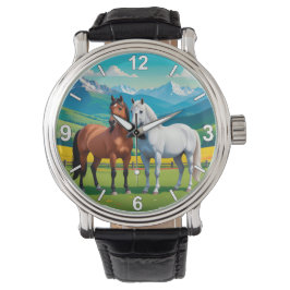 Horse Wrist Watch – White and Brown Horses Elegant Armbanduhr