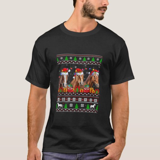 Horse Xmas Lights Ugly Sweater Weihnachtsmannmütze T-Shirt (Vorderseite)
