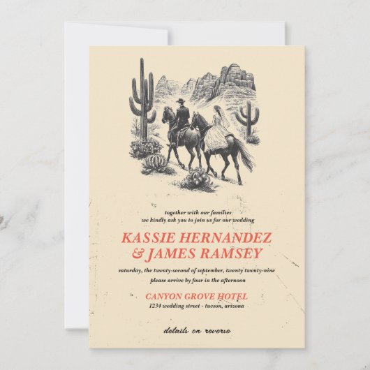 Horseback Canyon Couple mit QR Code Wedding Einladung (Vorderseite)