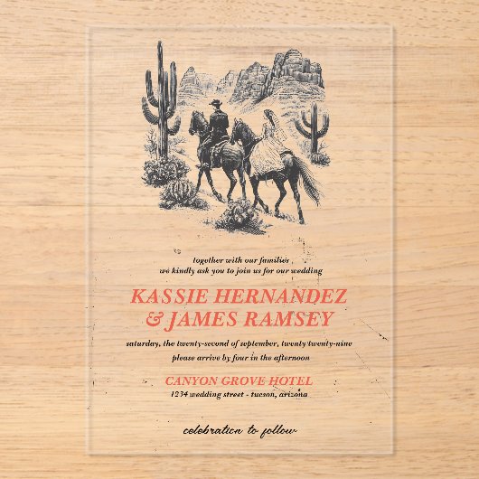 Horseback Canyon Couple Wedding Acryleinladungen (Vorderseite)