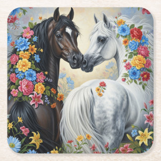 Horses framed in flowers Coaster Rechteckiger Pappuntersetzer