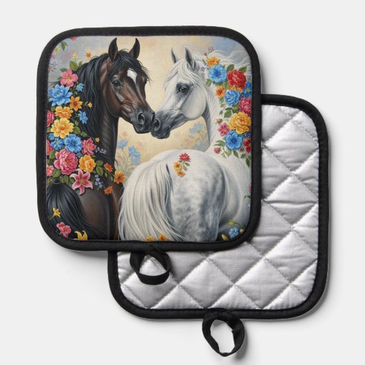  Horses framed in flowers pot holder Topflappen (Vorderseite/Rückseite)