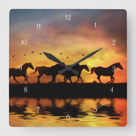 Horses Galloping Sunset and Water Quadratische Wanduhr (Vorderseite)