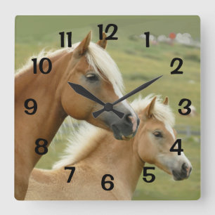Horses Palomino Mother and Foal Portrait Quadratische Wanduhr