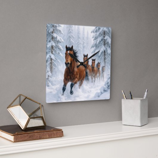 Horses Running Through a Snowy Forest Quadratische Wanduhr (Büro)