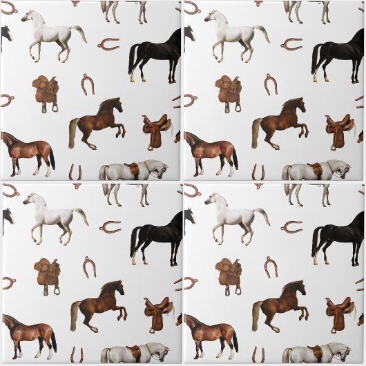 Horses Watercolor Horseshoe Horse Saddles Fliese