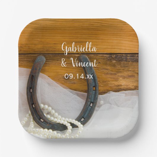 Horseshoe and Pearls Country Western Wedding Pappteller (Vorderseite)
