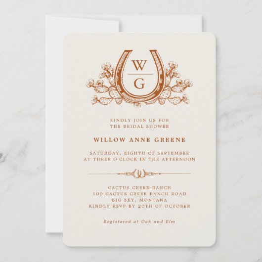 Horseshoe Cactus Western Boho Brautparty Einladung (Vorderseite)