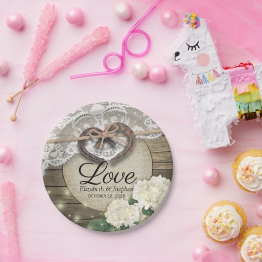 Horseshoe Heart Lace Hydrangea Polterabend Pappteller (Party)