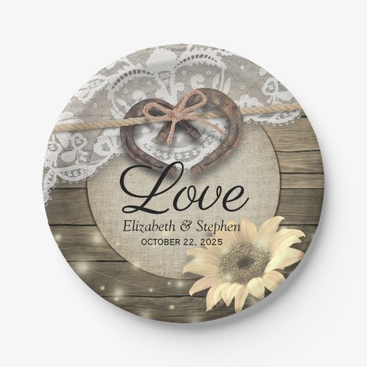 Horseshoe Heart Lace Sunflower Wood Polterabend Pappteller (Vorderseite)