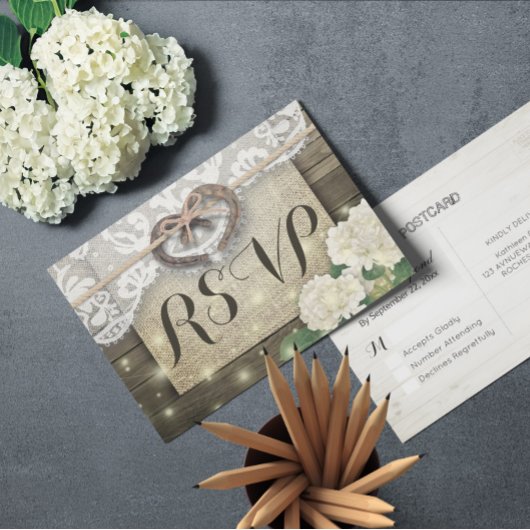 Horseshoe Hydrangea Wood Wedding RSVP Kindly Antwo Einladungspostkarte