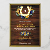 Horseshoe Monogram Sunflowers Blue Wood Wedding Folieneinladung (Vorderseite)