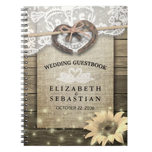 Horseshoe Sunflower Wood Country Wedding Gästebuch Notizblock (Vorderseite)