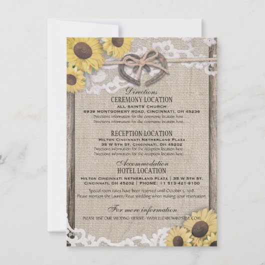 Horseshoes Burlap Lace Sunflower Wedding Details Einladung (Vorderseite)