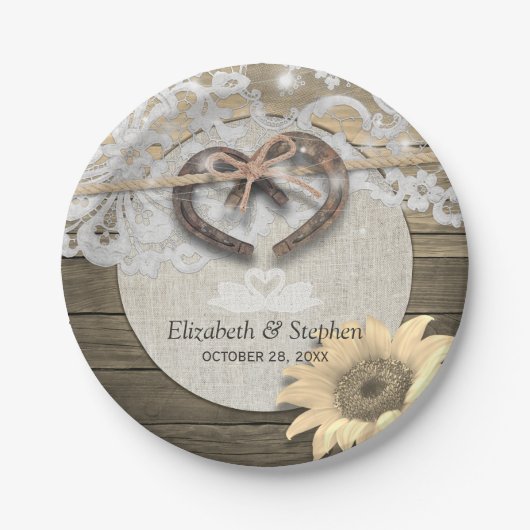 Horseshoes Burlap Lace Sunflowers Polterabend Pappteller (Vorderseite)
