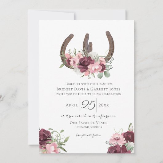 Horseshoes Floral Burgundy Pink Wedding Einladung (Vorderseite)