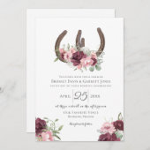 Horseshoes Floral Burgundy Pink Wedding Einladung (Vorne/Hinten)