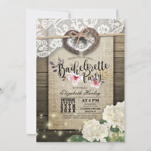 Horseshoes Heart Lace Hydrangea Junggeselinnen-Abs Einladung (Vorderseite)