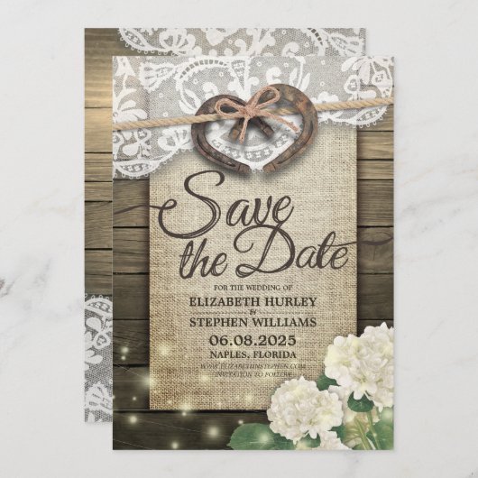 Horseshoes Hydrangea Country Hochzeit Save the Dat Save The Date (Vorne/Hinten)