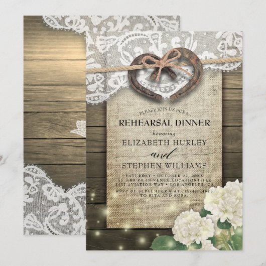 Horseshoes Hydrangea Rustic Wood Probe Dinner Einladung (Vorne/Hinten)