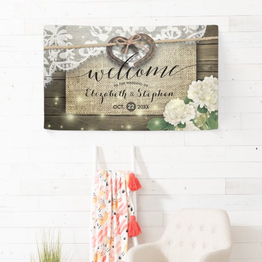 Horseshoes Hydrangea Rustic Wood Wedding Welcome B Banner (Insitu)