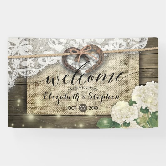 Horseshoes Hydrangea Rustic Wood Wedding Welcome B Banner (Horizontal)
