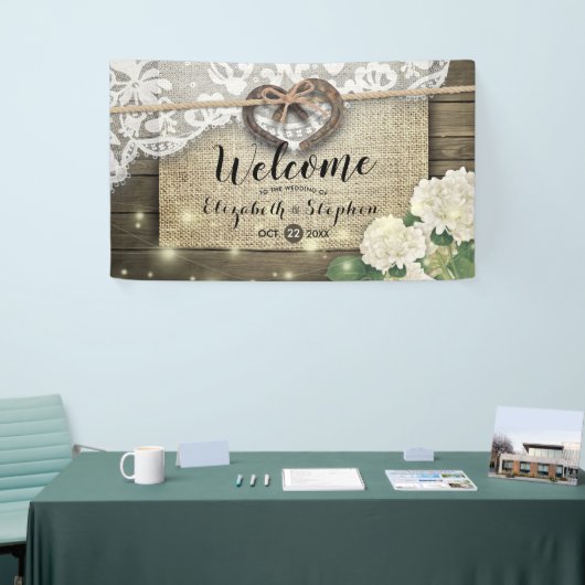 Horseshoes Hydrangea Rustic Wood Wedding Willkomme Banner (Messeveranstaltung)