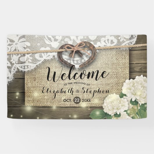 Horseshoes Hydrangea Rustic Wood Wedding Willkomme Banner (Horizontal)