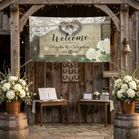Horseshoes Hydrangea Rustic Wood Wedding Willkomme Banner