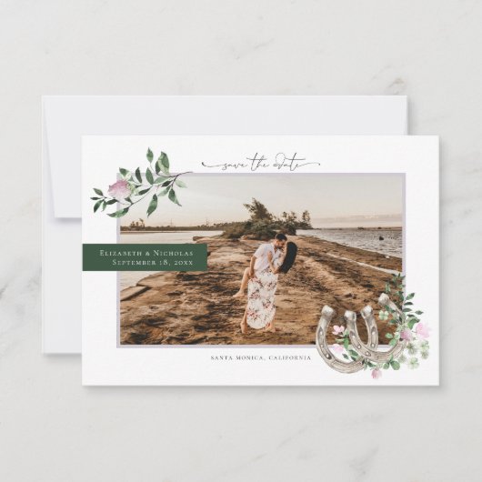Horseshoes Kleeblatt Greenery | Hochzeit von Fotos Save The Date (Vorderseite)