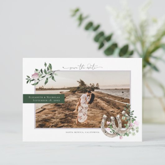 Horseshoes Kleeblatt Greenery | Hochzeit von Fotos Save The Date (Stehend Vorderseite)