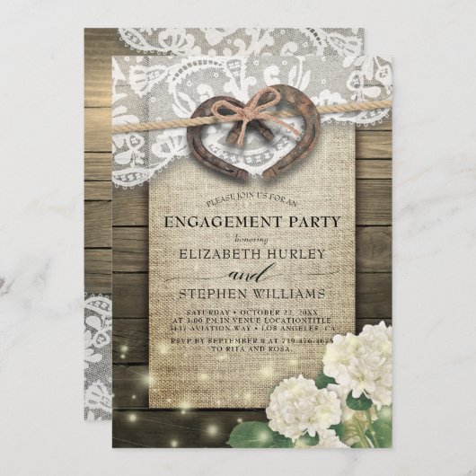 Horseshos Burlap Lace Hydrangea Engagement Party Einladung (Vorne/Hinten)
