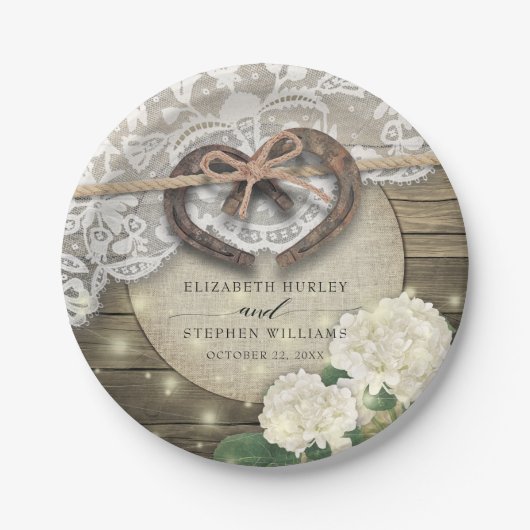 Horseshos Hydrangea Blume Rustikaler Polterabend Pappteller (Vorderseite)