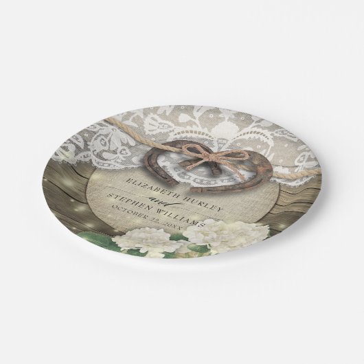 Horseshos Hydrangea Blume Rustikaler Polterabend Pappteller (Schrägansicht)