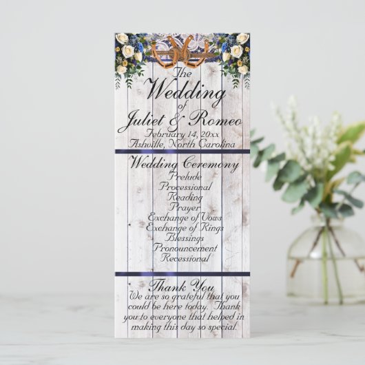 Horseshos, Ribbon & Lace - Blue Wedding Programm (Stehend Vorderseite)