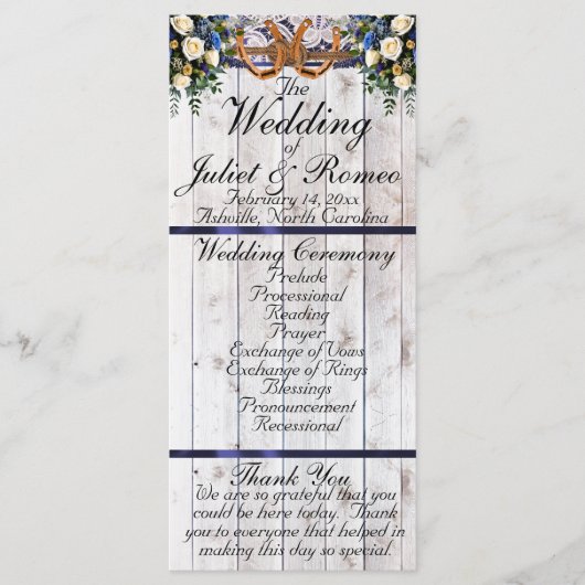 Horseshos, Ribbon & Lace - Blue Wedding Programm (Vorderseite)
