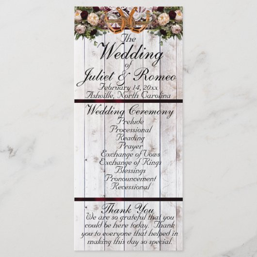 Horseshos, Ribbon & Lace - Burgundy Wedding Programm (Vorderseite)