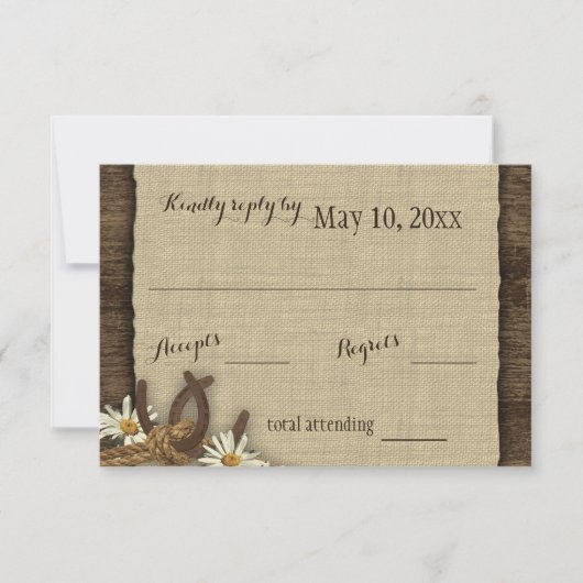 Horseshos und Daisies Rustikale Burlap-Reaktion RSVP Karte (Vorderseite)