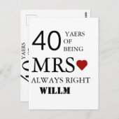Hört Hochzeit 40 Jahre Jubiläum Mr. Right Postkarte (Vorne/Hinten)