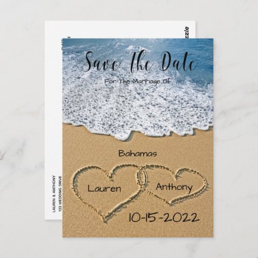 Hört im Sand am Strand Save the Date Hochzeit Postkarte (Vorne/Hinten)