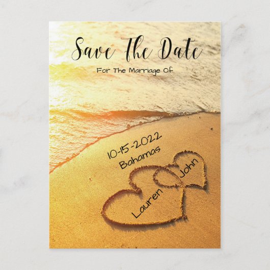 Hört im Sand am Strand Save the Date Hochzeit Postkarte (Vorderseite)