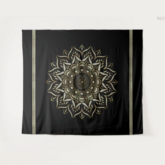 Hört Mandala auf schwarzem Hintergrund Wandteppich (Vorderseite (Horizontal))