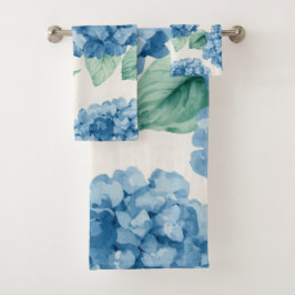 Hortensien-Blau Florale Wasserfarbe Botanische Blü Badhandtuch Set