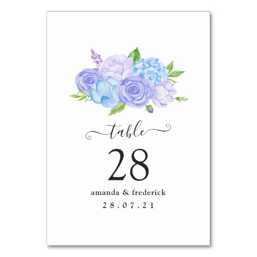 Hortensien Blaue und Helllila Hochzeit Tischnummer (Vorderseite)