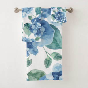 Hortensien-Blues   Wasserfarben-Blüten-Blumenmuste Badhandtuch Set